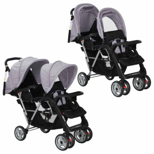 vidaXL Kinderwagen dubbel staal grijs en zwart