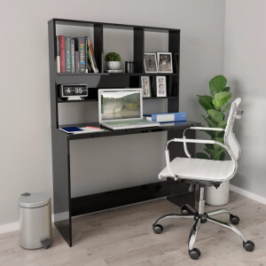 vidaXL Bureau met schappen 110x45x157 cm bewerkt hout hoogglans zwart