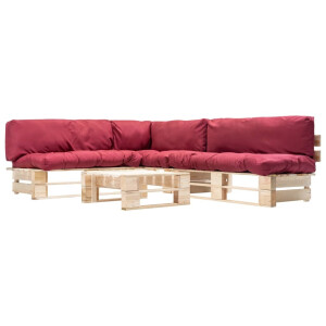 vidaXL 4-delige Loungeset pallet met rode kussens hout