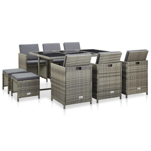 vidaXL 11-delige Tuinset met kussens poly rattan grijs