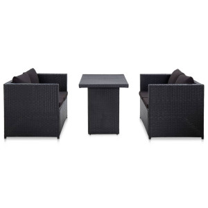 vidaXL 3-delige Loungeset met kussens poly rattan zwart