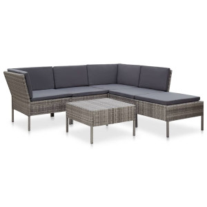 vidaXL 6-delige Loungeset met kussens poly rattan grijs