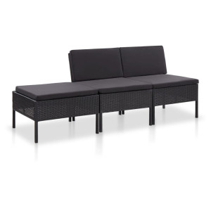 vidaXL 3-delige Loungeset met kussens poly rattan zwart