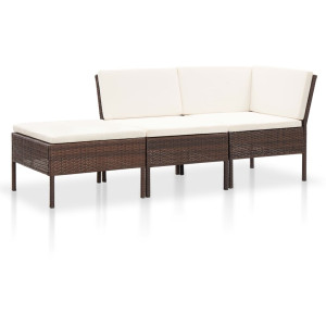 vidaXL 3-delige Loungeset met kussens poly rattan bruin