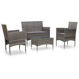 vidaXL 4-delige Loungeset met kussens poly rattan grijs