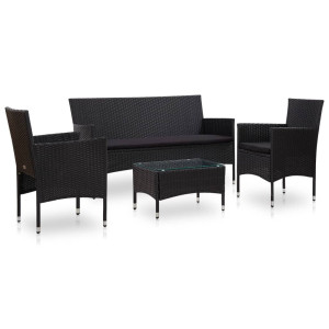 vidaXL 4-delige Loungeset met kussens poly rattan zwart