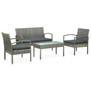 vidaXL 4-delige Loungeset met kussens poly rattan grijs