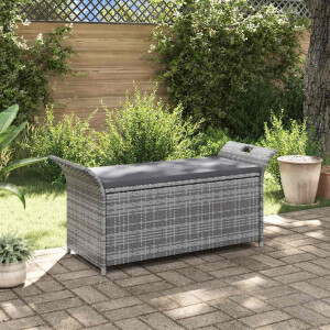vidaXL Opbergbankje met kussen 138 cm poly rattan grijs