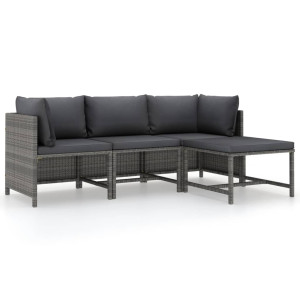 vidaXL 4-delige Loungeset met kussens poly rattan grijs