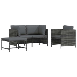 vidaXL 4-delige Loungeset met kussens poly rattan grijs