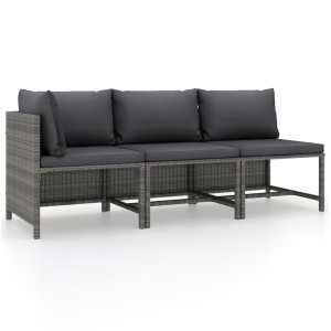 vidaXL 3-delige Loungeset met kussens poly rattan grijs