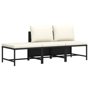 vidaXL 3-delige Loungeset met kussens poly rattan zwart