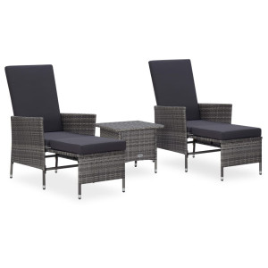 vidaXL 3-delige Loungeset met kussens poly rattan grijs