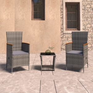 vidaXL 3-delige Loungeset met kussens poly rattan grijs