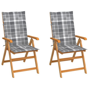vidaXL Tuinstoelen 2 st met grijs geruite kussens massief teakhout