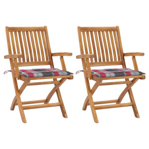 vidaXL Tuinstoelen 2 st met rood geruite kussens massief teakhout
