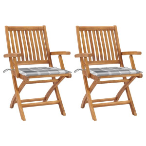 vidaXL Tuinstoelen 2 st met grijs geruite kussens massief teakhout
