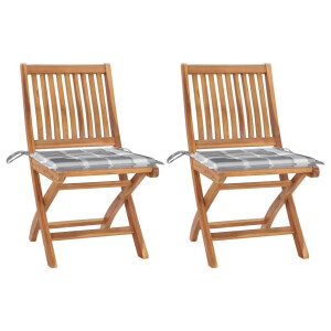 vidaXL Tuinstoelen 2 st met grijs geruite kussens massief teakhout
