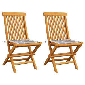 vidaXL Tuinstoelen 2 st met grijs geruite kussens massief teakhout