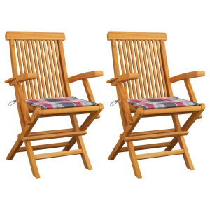vidaXL Tuinstoelen 2 st met rood geruite kussens massief teakhout