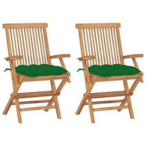 vidaXL Tuinstoelen 2 st met groene kussens massief teakhout