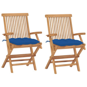 vidaXL Tuinstoelen 2 st met blauwe kussens massief teakhout