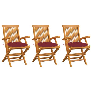 vidaXL Tuinstoelen 3 st met wijnrode kussens massief teakhout
