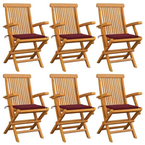 vidaXL Tuinstoelen 6 st met wijnrode kussens massief teakhout