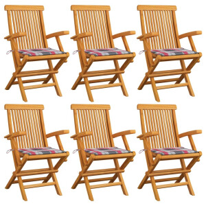 vidaXL Tuinstoelen 6 st met rood geruite kussens massief teakhout