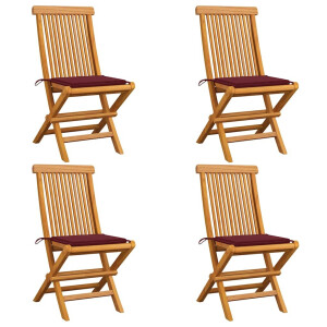 vidaXL Tuinstoelen 4 st met wijnrode kussens massief teakhout