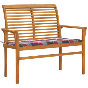 vidaXL Tuinbank met rood geruit kussen 112 cm massief teakhout