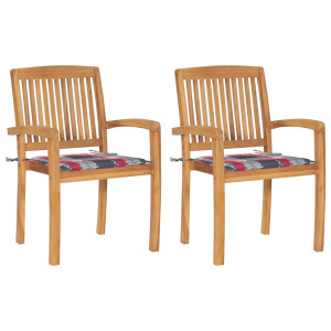 vidaXL Tuinstoelen 2 st met rood geruite kussens massief teakhout