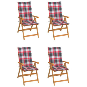 vidaXL Tuinstoelen 4 st met rood geruite kussens massief teakhout