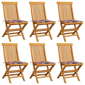 vidaXL Tuinstoelen 6 st met rood geruite kussens massief teakhout