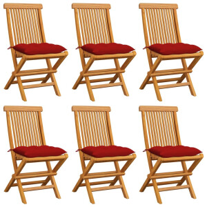 vidaXL Tuinstoelen 6 st met rode kussens massief teakhout
