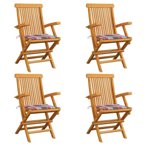 vidaXL Tuinstoelen 4 st met rood geruite kussens massief teakhout