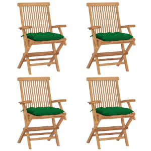 vidaXL Tuinstoelen 4 st met groene <a title="kussens vergelijken" href="https://furn.nl/kussens">kussens</a> massief teakhout