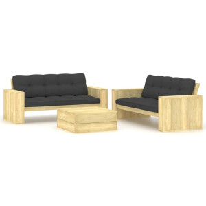 vidaXL 3-delige Loungeset met kussens geïmpregneerd grenenhout