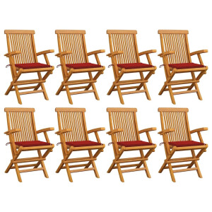 vidaXL Tuinstoelen 8 st met rode kussens massief teakhout