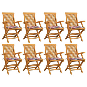 vidaXL Tuinstoelen 8 st met rood geruite kussens massief teakhout