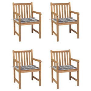 vidaXL Tuinstoelen 4 st met grijs geruite kussens massief teakhout