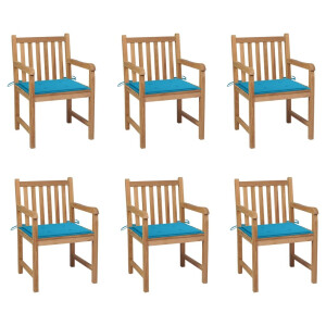 vidaXL Tuinstoelen 6 st met blauwe kussens massief teakhout