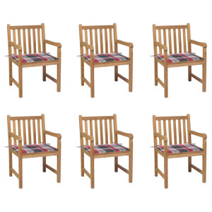 vidaXL Tuinstoelen 6 st met rood geruite kussens massief teakhout