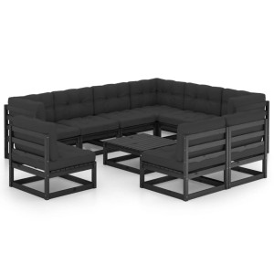 vidaXL 10-delige Loungeset met kussens massief grenenhout zwart