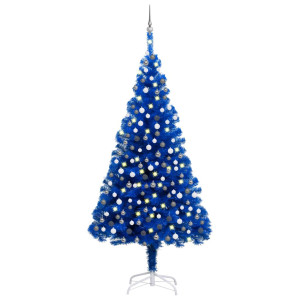 vidaXL Kunstkerstboom met verlichting en kerstballen 210 cm PVC blauw