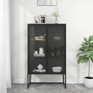 vidaXL Hoge kast 80x35x135 cm staal en gehard glas zwart