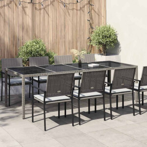 vidaXL Tuintafel 250x100x75 cm gehard glas en poly rattan grijs