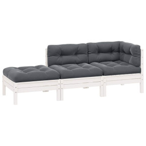 vidaXL 3-delige Loungeset met kussens massief grenenhout wit