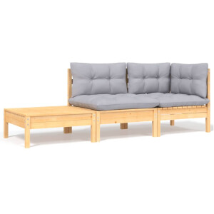 vidaXL 3-delige Loungeset met grijze kussens massief grenenhout