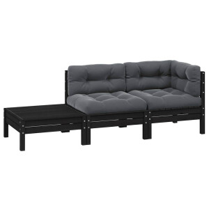 vidaXL 3-delige Loungeset met kussens massief grenenhout zwart